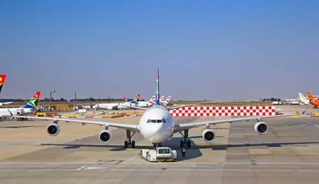 JOHANNESBURG - APRIL 18:Airbus A340 taxing for disembarking passengers after intercontinental flights on April 18, 2012 in Johannesburg, South Africa. Johannesburg Tambo airport is the busiest airport in Africa