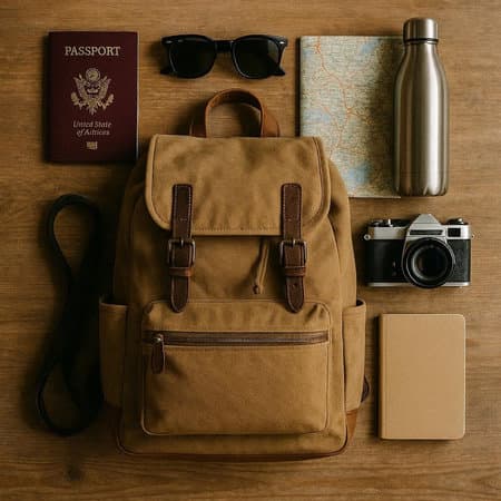 Set of travel items on wooden background. Backpack, camera, map and sunglasses.